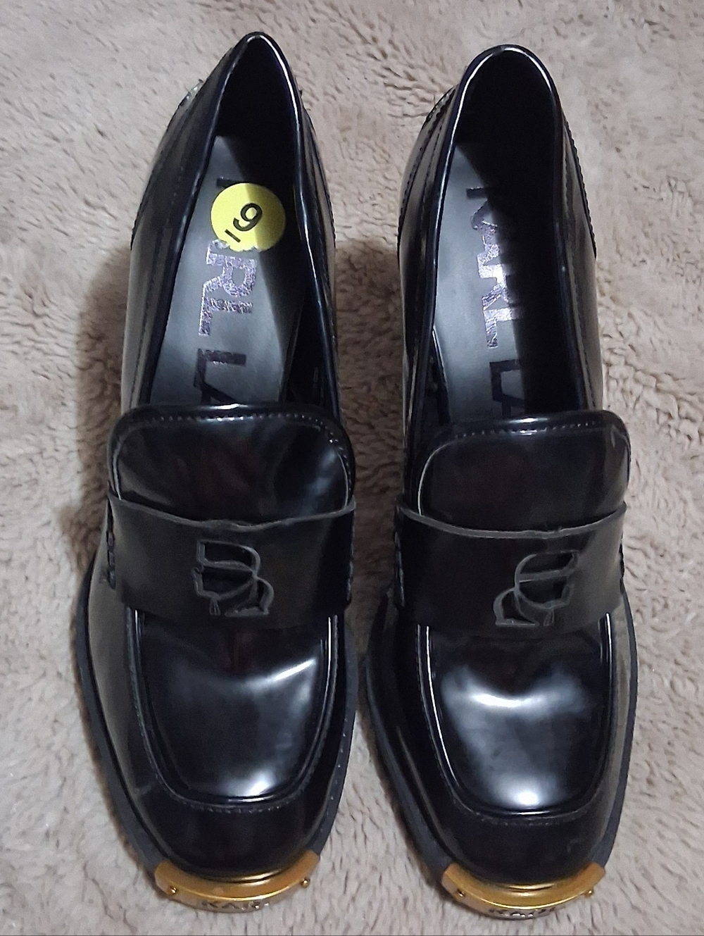 Karl Lagerfeld Black Leather Loafer Heels with Gold Toe Caps
